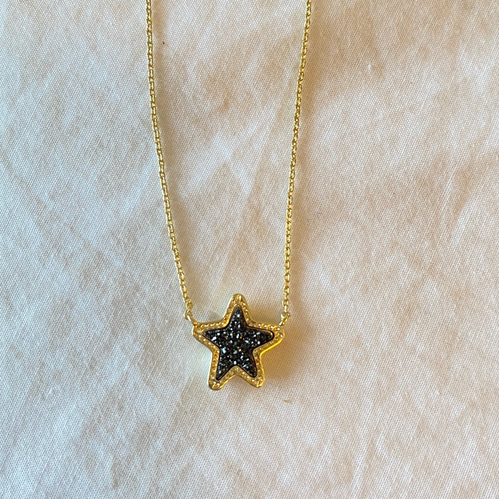 New Kendra Scott Jae Star Pendant Necklace In Black Drusy / Gold